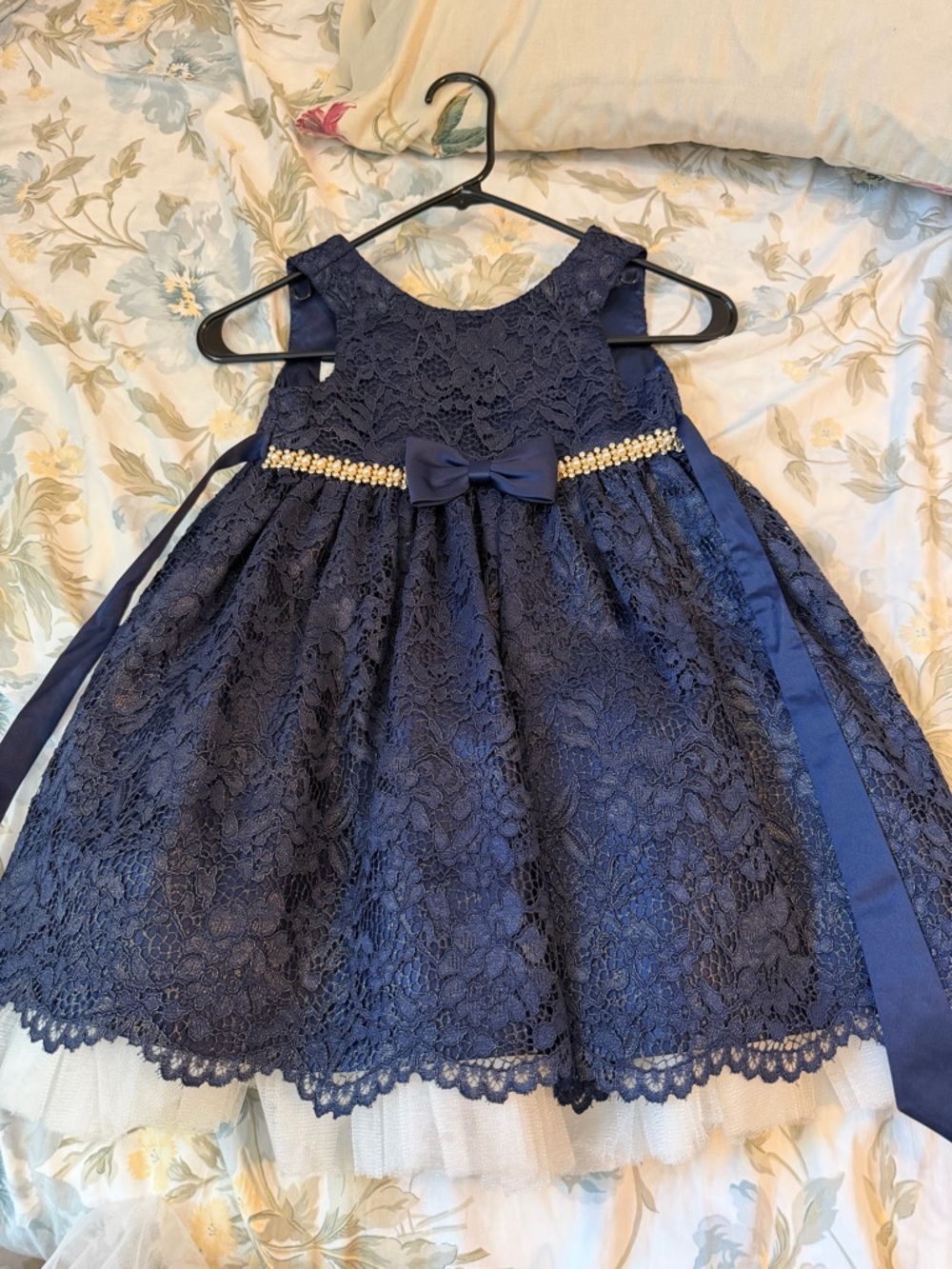 Navy Lace Bow-Accent Kids Dress